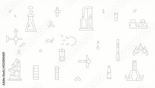 Minimalist line icon set in light grey depicting lab tools and science elements such as beakers, microscope, test tubes, lab mice, stomach, and molecule structures on a white background.