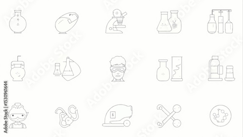 Minimalist line icon set in light grey depicting lab tools and science elements such as beakers, microscope, test tubes, lab mice, stomach, and molecule structures on a white background.