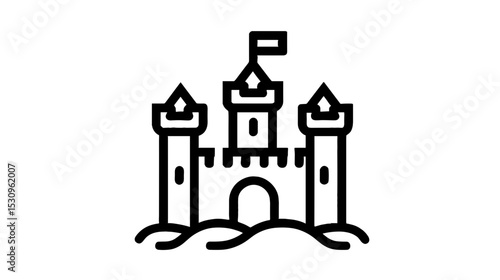 Sandcastle icon with towers and flag in simple black outline  