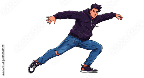 Young man running in casual attire with a dynamic pose  