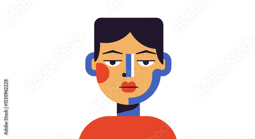 Abstract illustration of a person with stylized features and colors  