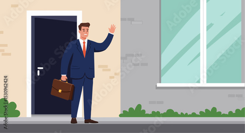 illustration of a man leaving for work in a suit