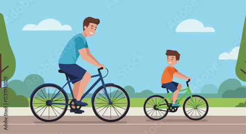 illustration father riding a bike with his son