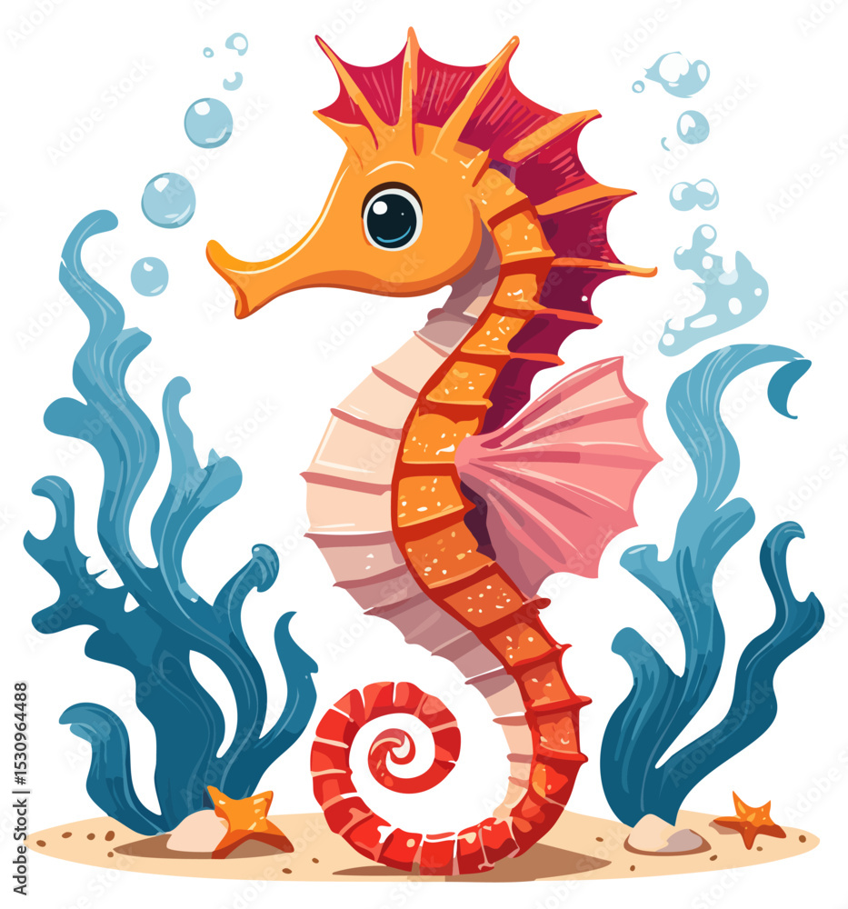 Fototapeta premium Cute cartoon seahorse with plants and bubbles, isolated 