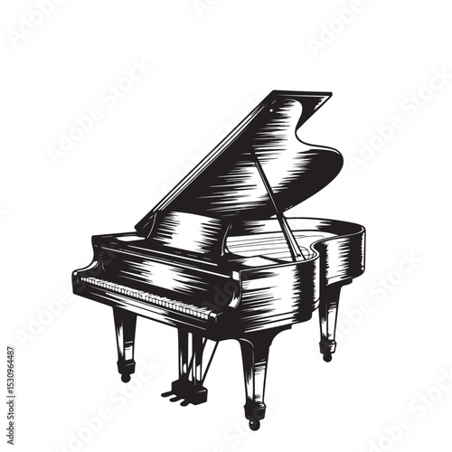 Grand piano engraving black and white outline. Scratch board imitation. illustrated in vintage line art