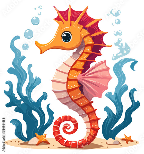 Cute cartoon seahorse with plants and bubbles, isolated 