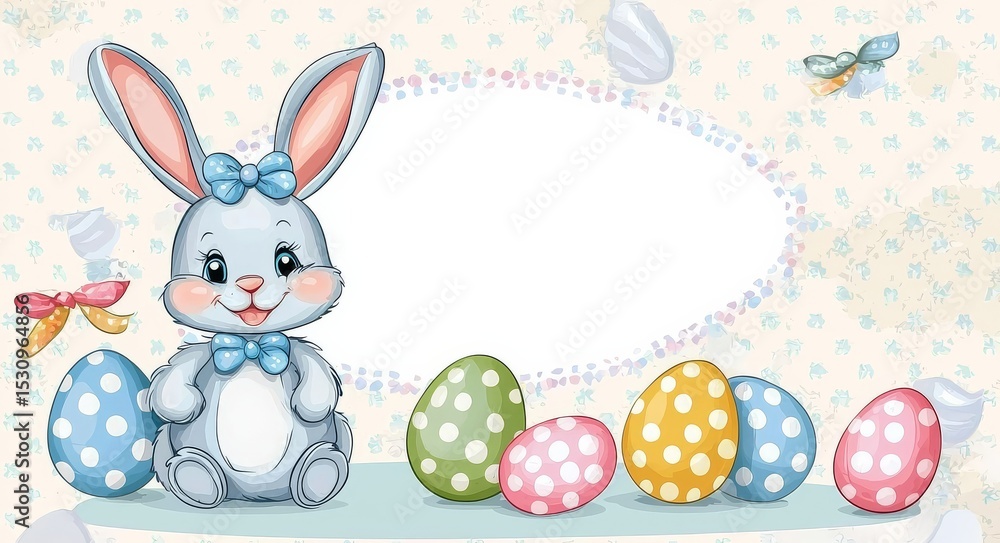 Obraz premium A festive blue card perfect for sending warm Easter wishes, adorned with a cute bunny and various eggs.