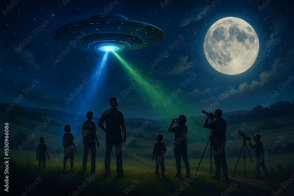 Fototapeta premium World UFO Day Celebration with Glowing Spaceship in Night Sky