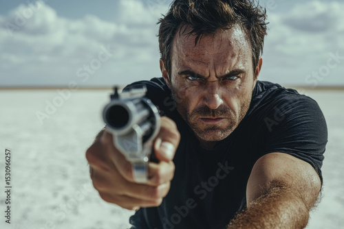 Portrait of a young man shooting a hand gun outdoors, close-up.