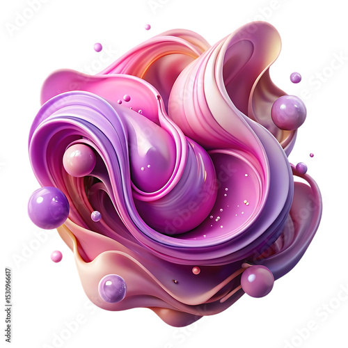 Abstract pink and purple liquid swirl with spheres