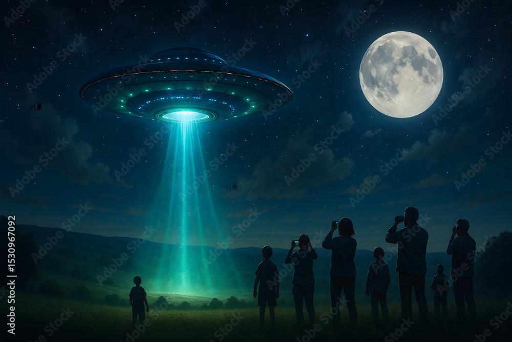 Fototapeta premium World UFO Day Celebration with Glowing Spaceship in Night Sky