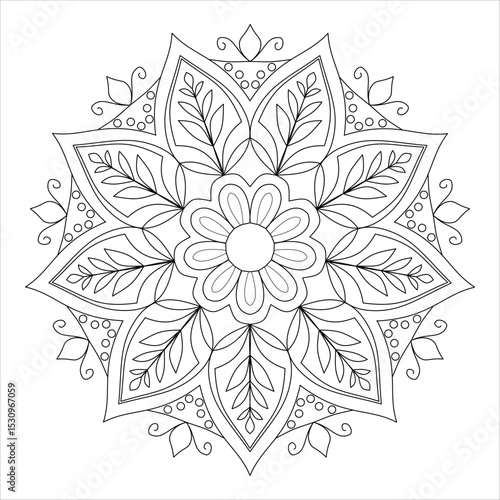 Flower Mandala Coloring Page - Beautiful Flower Mandala Design for Adults - Printable Flower Mandala Art with Botanical Patterns - Detailed Coloring Book Page for Relaxation and Stress Relief