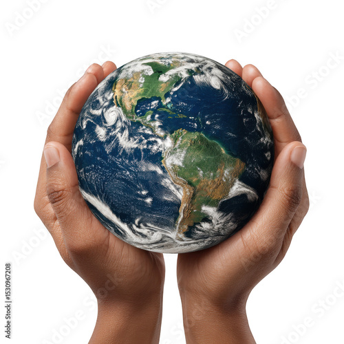 Fototapeta Naklejka Na Ścianę i Meble -  A realistic earth globe held gently in two hands against a plain black studio background close up shot