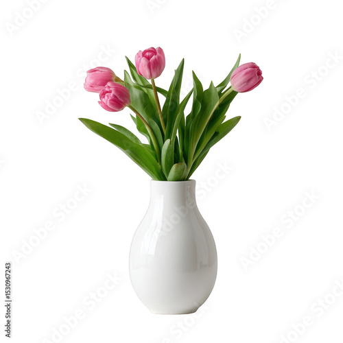 Wallpaper Mural Pink tulips with green leaves in a white vase against a black background studio shot close up view Torontodigital.ca