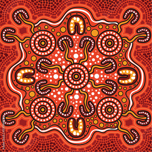 Sacred Gathering Circle in Vibrant Red - Aboriginal Art Illustration