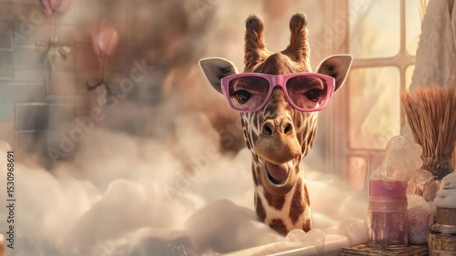 Playful giraffe in a bubble bath with pink sunglasses funny animal portrait for commercial or editorial use
