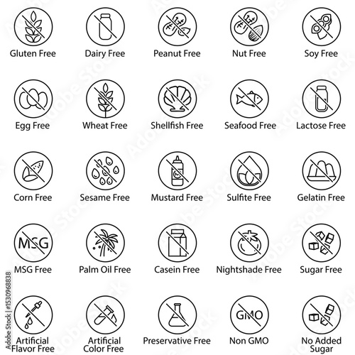 Set of allergen-free and ingredient-free icons in line style, including gluten-free, dairy-free, nut-free, sugar-free, non GMO, and chemical-free labels for food packaging and health design
