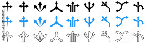 Collection of 3-way directional arrow icons in various styles including solid, outline, and color-filled vector designs representing navigation, pathfinding, and multiple direction choices