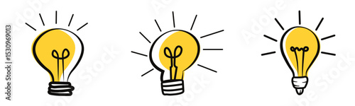 Lightbulb icons in playful doodle art style, representing creative ideas and innovation concepts, suitable for educational materials, brainstorming presentations, and creative projects.