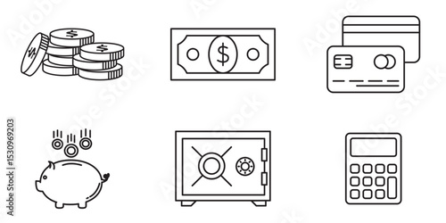 Finance and banking icons including money, coins, credit cards, piggy bank, calculator, and secure vault, ideal for web, UI design, and financial graphics