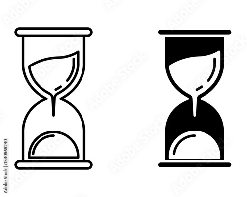 Vector illustration of two outlined hourglass icons in flat style, one filled with solid black and one with transparent outline, suitable for UI design, web icon, or time management graphic