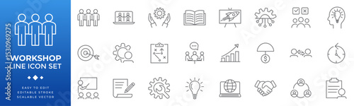 Line icon set for workshops including team collaboration, education, strategy, planning, growth, innovation, and business training. Editable stroke and scalable vector format.