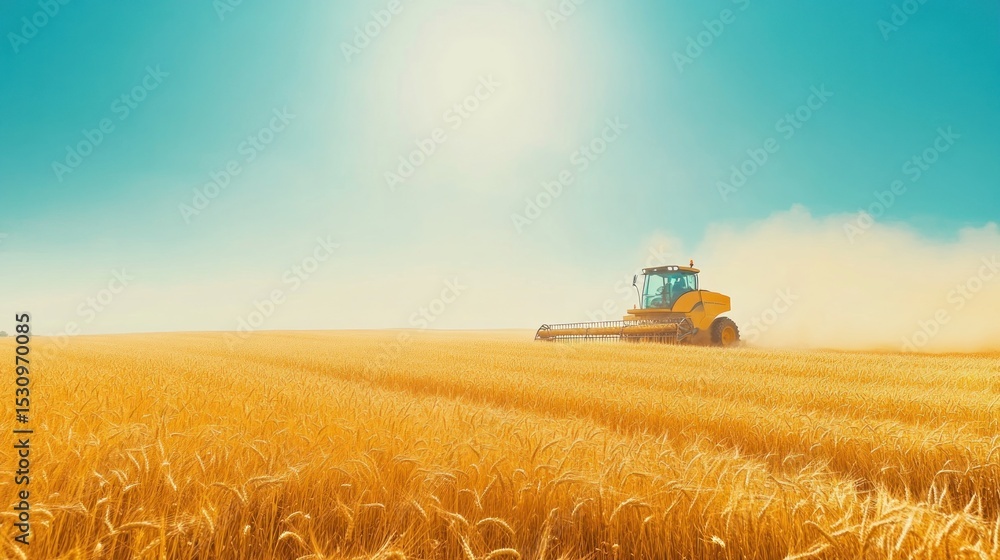 Obraz premium Golden wheat field, yellow harvester