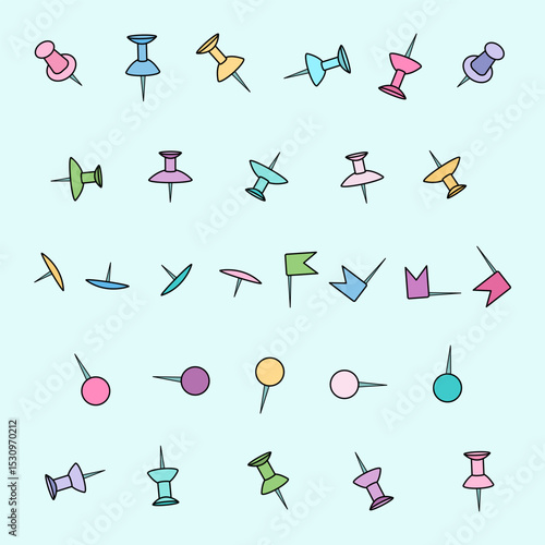 Cartoon illustration school or office stationery of colorful push pins set and map tacks in various shapes on blue background. For back to school supplies concept, education visual, educational theme.