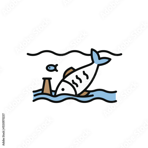 Illustration of dying fish in contaminated water, an ecological issue.