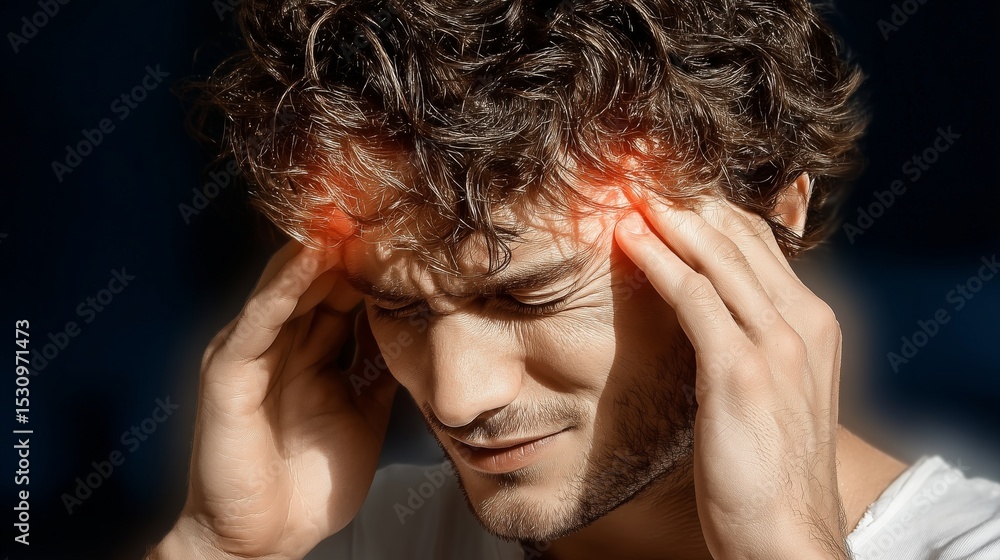 Fototapeta premium Young man experiences headache while holding his head in discomfort in a dimly lit room during the evening