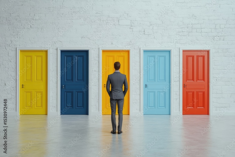 Fototapeta premium Businessman Facing Four Colorful Doors, Representing Choices and Opportunities