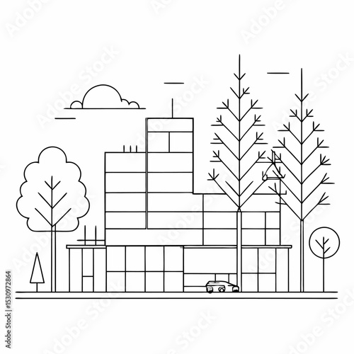 Architectural drawings in a minimal style featuring CAD tree line illustrations. Includes side view, plan view, and section view of forest outlines, designed as landscape design symbols. Vector Art