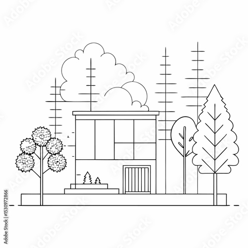 Architectural drawings in a minimal style featuring CAD tree line illustrations. Includes side view, plan view, and section view of forest outlines, designed as landscape design symbols. Vector Art