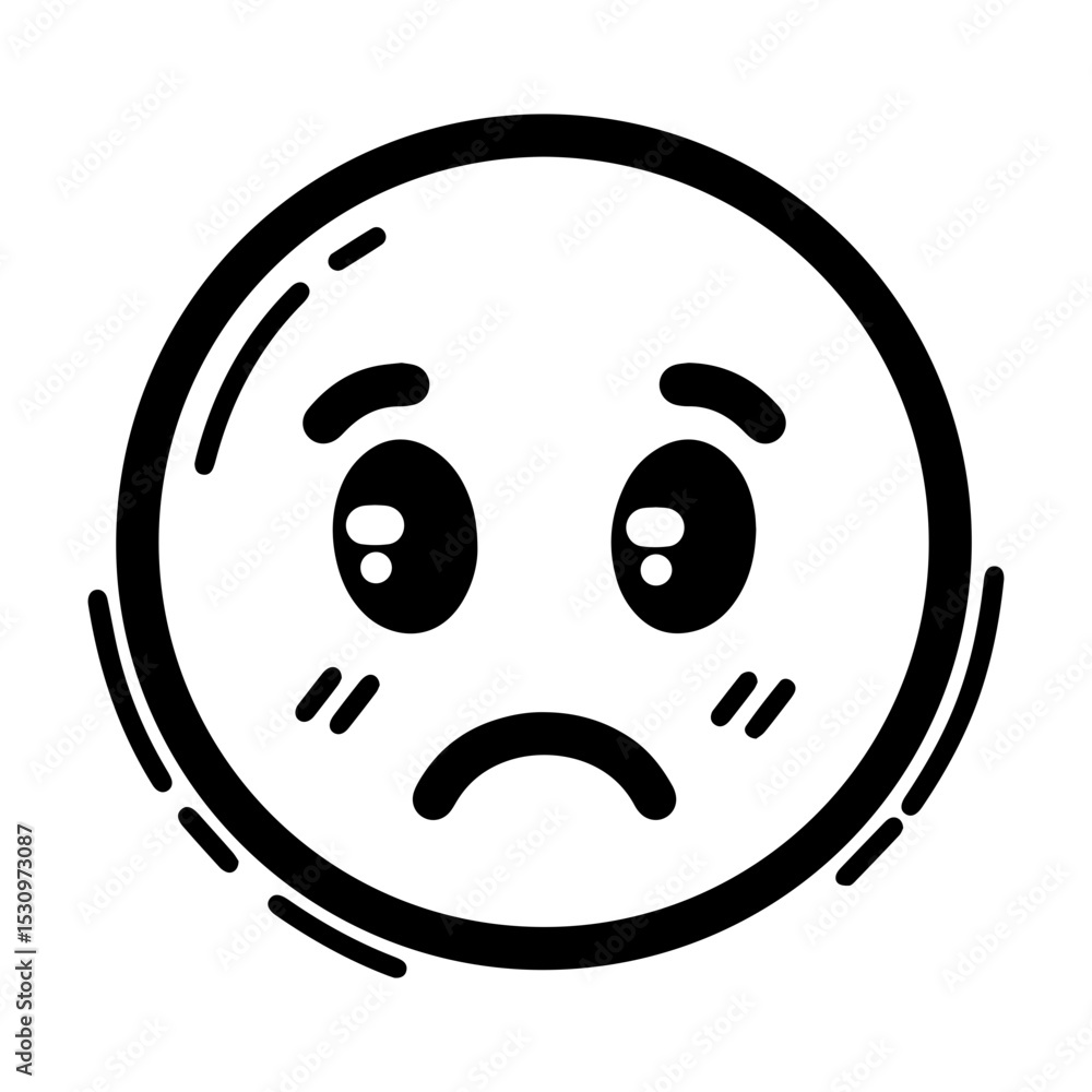 Outline style emoji expressing sadness or disappointment. Features downturned eyes and a small frown, conveying a sense of melancholy or regret, suggest a slightly flushed or teary appearance Outline style emoji expressing sadness or disappointment. Features downturned eyes and a small frown, conveying a sense of melancholy or regret, suggest a slightly flushed or teary appearance