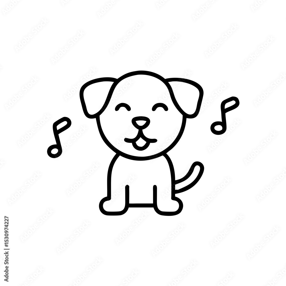 Fototapeta premium Singing puppy in line art style, joyful mood, musical animal icon
