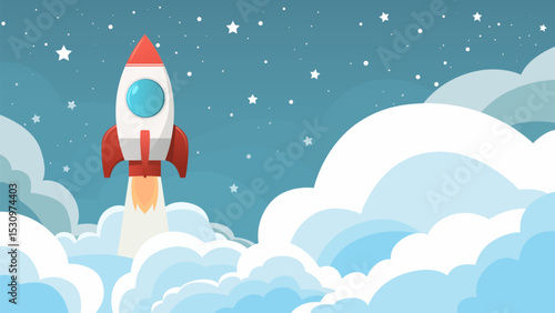 Rocket launch against sky and stars. Vector illustration of space rocket taking off into space. Spaceship leaving earth. Space adventure.