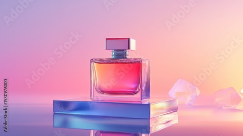 Elegant perfume bottle on a shiny platform with soft, pastel gradient. It's great for beauty, fashion, or fragrance related designs.