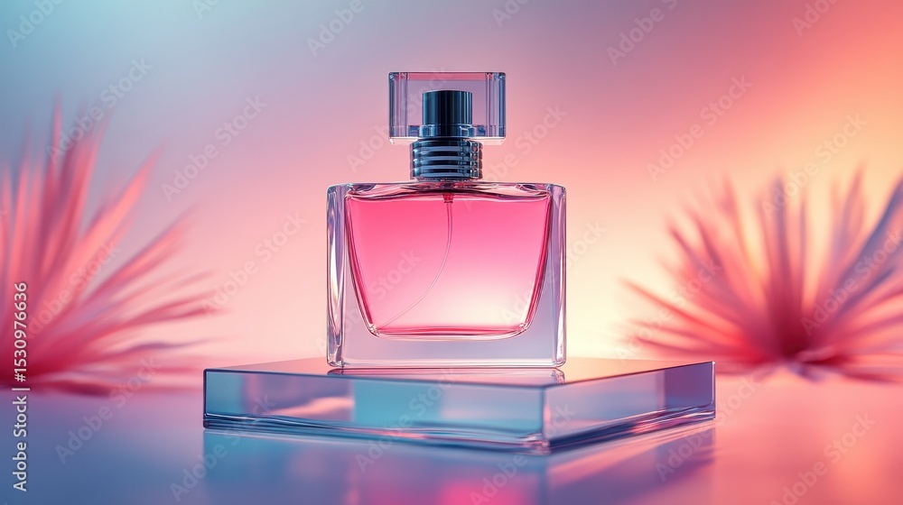 Pink perfume bottle on a glass stand with a blurred background. Ideal for ads about beauty, fragrance, and cosmetic products. Pink perfume bottle on a glass stand with a blurred background. Ideal for ads about beauty, fragrance, and cosmetic products.