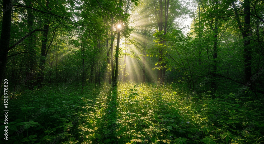 Obraz premium Sunlight streams through a dense forest, illuminating the undergrowth with vibrant green hues.
