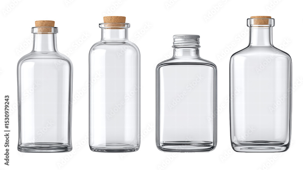 Glass bottles standing side by side on transparent background with cork and metal caps Glass bottles standing side by side on transparent background with cork and metal caps