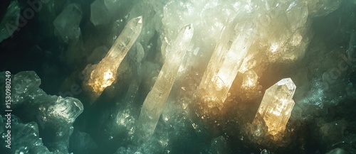 Glittering crystals shining in dark cavern