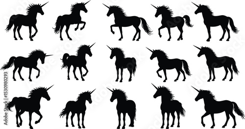 Elegant unicorn silhouette collection, mythical horned horse in various poses, black vector design for fantasy, fairy tale, magical illustrations