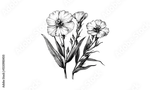 Dianthus Chinensis Flore Pleno Engraving, Botanical Illustration, Vintage Floral Art, Flower Vector, Nature Illustration, Classic Floral Prints, Hand-drawn Flowers, Flower Illustration.