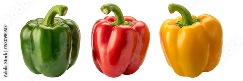 Three colorful bell peppers isolated on fresh vegetables red food diet on transparent background