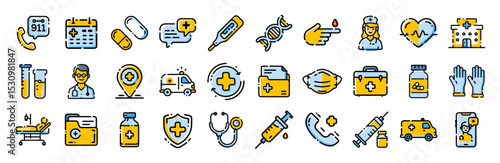 Medical healthcare doctor hospital services pharmacy vector line icons set