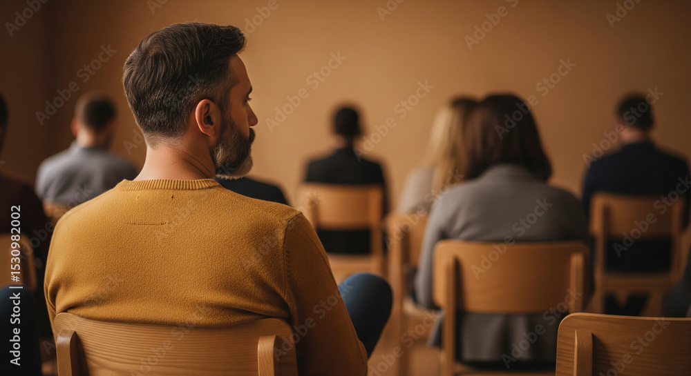 Fototapeta premium Man in mustard sweater sits in wooden chair, back to camera, observing group in blurred background, showcasing quiet contemplation or group therapy session