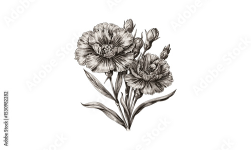 Dianthus Chinensis Flowers Engraving, Vintage Flore Pleno, Botanical Illustration, Floral Artwork, Nature Drawing, Garden Plants, Antique Flower Art, Flower Vector.