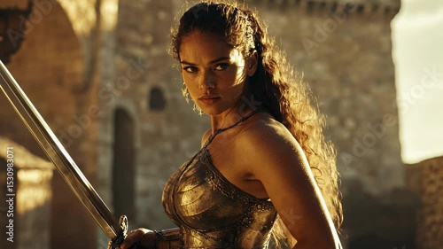 Confident amazonian warrior woman with long brown curly hair and metal armor stands with swords in hand in front of an ancient fortress, embodying strength and determination in a fantasy setting