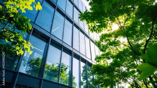 Green trees frame modern glass building; sunlight, urban nature, eco-friendly design