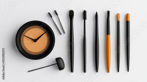Black and Beige Makeup Brushes and Clock on White Background